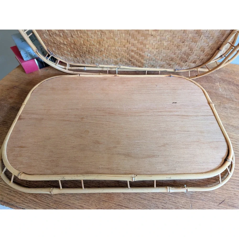 Vtg Bamboo Rattan Woven Wicker Serving Trays Set of 4 Boho Gallery Rail 19x12